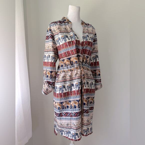 Live 4 Truth Multicolor Elephant Print Roll-Tab Sleeve V-Neck Knee Length Dress - Picture 1 of 10